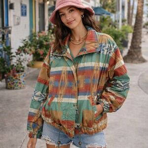 Vintage Andy Johns Southwestern Geometric Windbreaker Jacket Womens Large Teal L